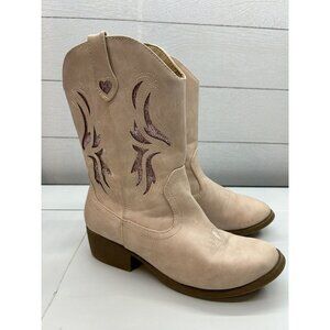 Pop Girls 5m Welcome Block Heel Cowboy Boots Pink Blush‎ Glitter Details Hearts